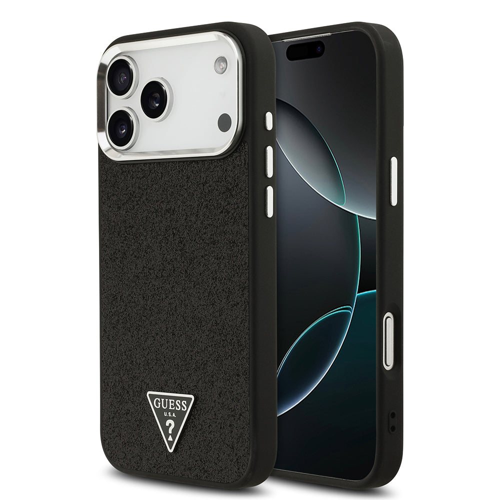 iPhone 17 Pro Max Kılıf Guess Orjinal Lisanslı M-safe Şarj Özellikli Metal Kamera Çerçeveli Üçgen Logolu Glitter Kapak