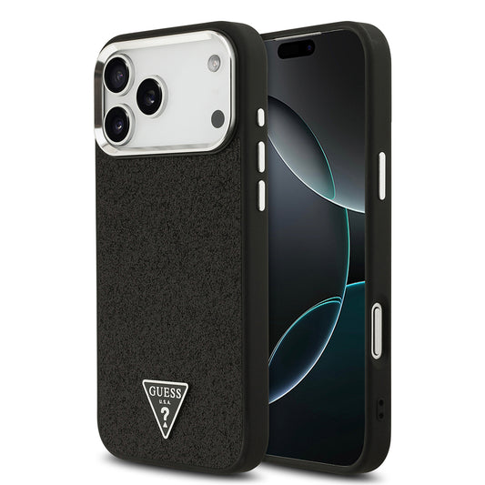 iPhone 17 Pro Max Kılıf Guess Orjinal Lisanslı M-safe Şarj Özellikli Metal Kamera Çerçeveli Üçgen Logolu Glitter Kapak