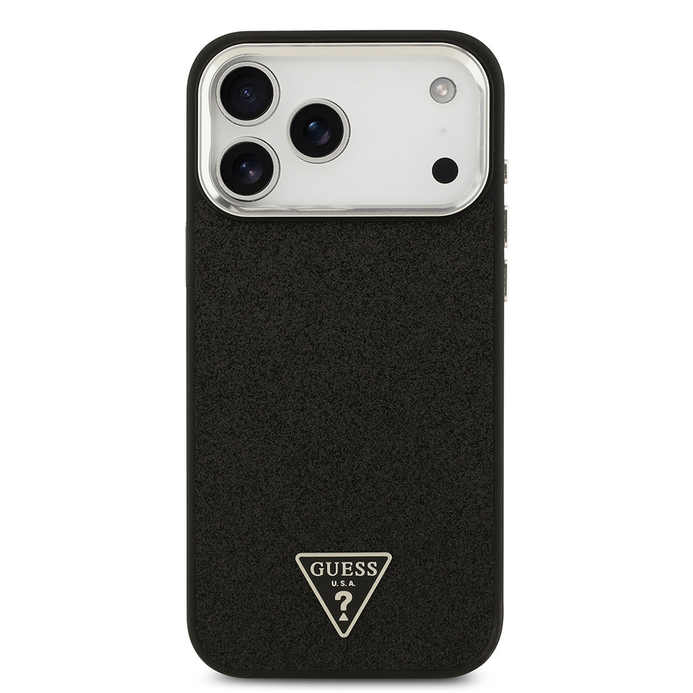 iPhone 17 Pro Max Kılıf Guess Orjinal Lisanslı M-safe Şarj Özellikli Metal Kamera Çerçeveli Üçgen Logolu Glitter Kapak