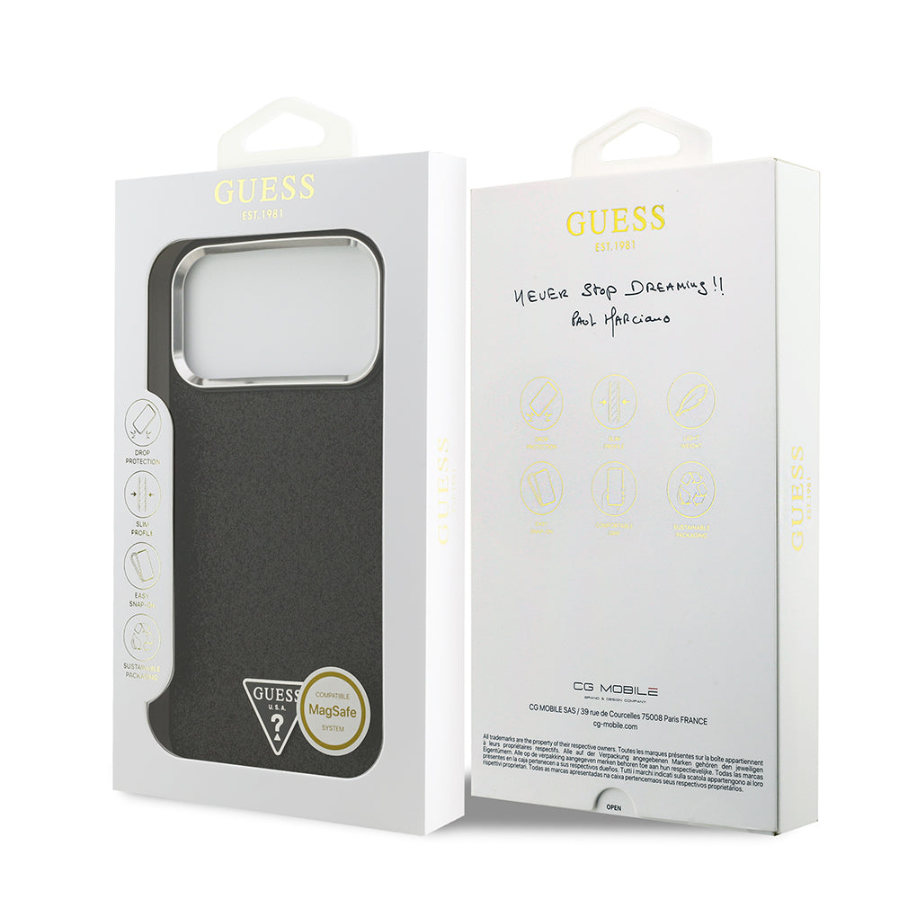 iPhone 17 Pro Max Kılıf Guess Orjinal Lisanslı M-safe Şarj Özellikli Metal Kamera Çerçeveli Üçgen Logolu Glitter Kapak