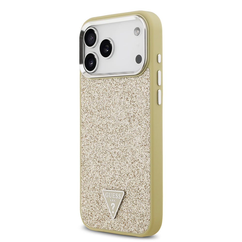 iPhone 17 Pro Max Kılıf Guess Orjinal Lisanslı M-safe Şarj Özellikli Metal Kamera Çerçeveli Üçgen Logolu Glitter Kapak