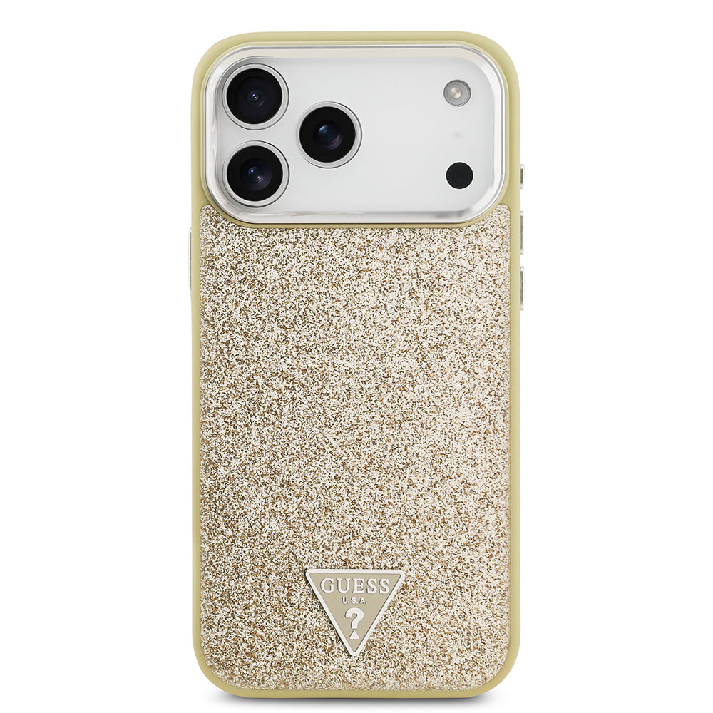 iPhone 17 Pro Max Kılıf Guess Orjinal Lisanslı M-safe Şarj Özellikli Metal Kamera Çerçeveli Üçgen Logolu Glitter Kapak