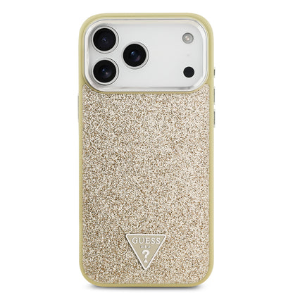 iPhone 17 Pro Max Kılıf Guess Orjinal Lisanslı M-safe Şarj Özellikli Metal Kamera Çerçeveli Üçgen Logolu Glitter Kapak