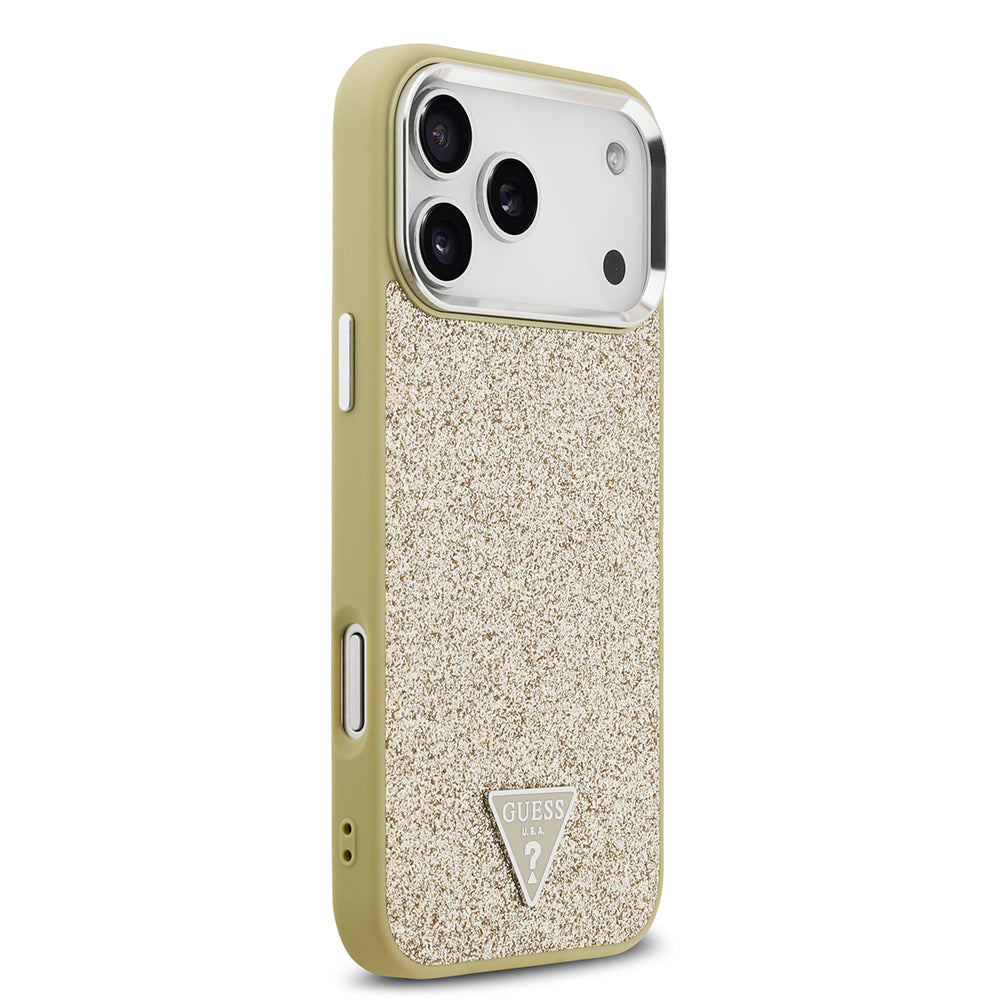 iPhone 17 Pro Max Kılıf Guess Orjinal Lisanslı M-safe Şarj Özellikli Metal Kamera Çerçeveli Üçgen Logolu Glitter Kapak