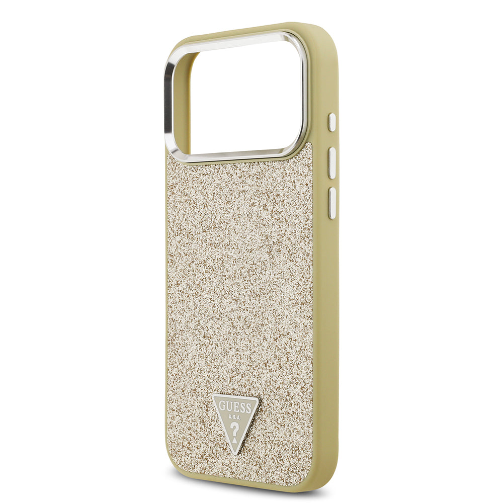 iPhone 17 Pro Max Kılıf Guess Orjinal Lisanslı M-safe Şarj Özellikli Metal Kamera Çerçeveli Üçgen Logolu Glitter Kapak