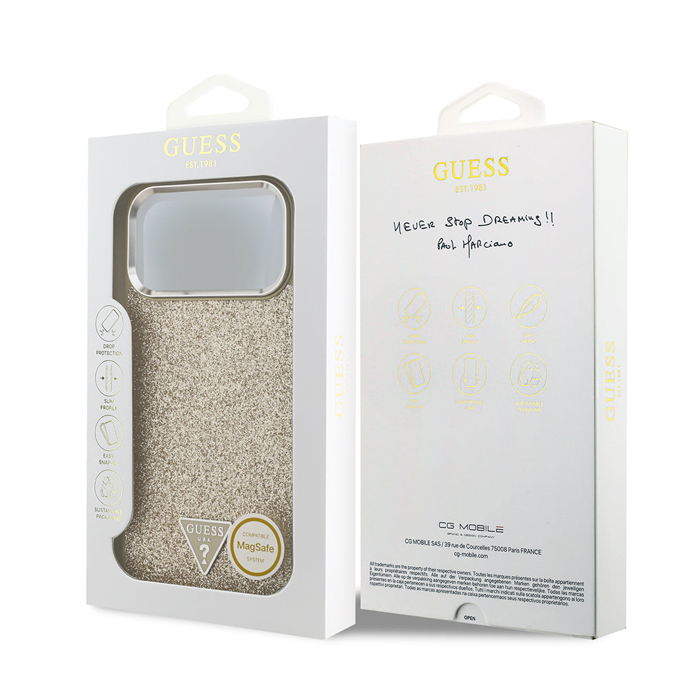 iPhone 17 Pro Max Kılıf Guess Orjinal Lisanslı M-safe Şarj Özellikli Metal Kamera Çerçeveli Üçgen Logolu Glitter Kapak