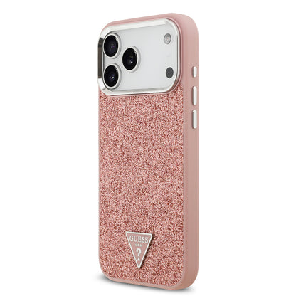 iPhone 17 Pro Max Kılıf Guess Orjinal Lisanslı M-safe Şarj Özellikli Metal Kamera Çerçeveli Üçgen Logolu Glitter Kapak