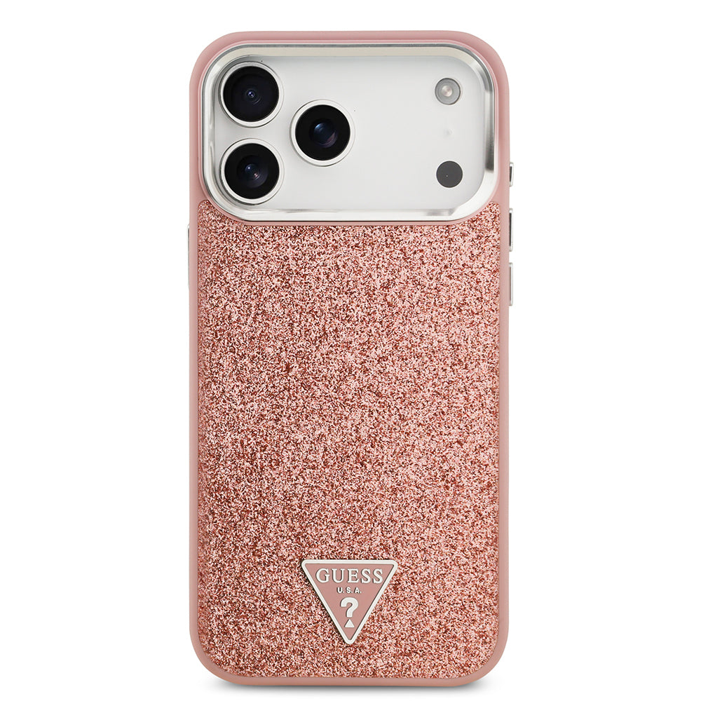 iPhone 17 Pro Max Kılıf Guess Orjinal Lisanslı M-safe Şarj Özellikli Metal Kamera Çerçeveli Üçgen Logolu Glitter Kapak