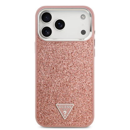 iPhone 17 Pro Max Kılıf Guess Orjinal Lisanslı M-safe Şarj Özellikli Metal Kamera Çerçeveli Üçgen Logolu Glitter Kapak