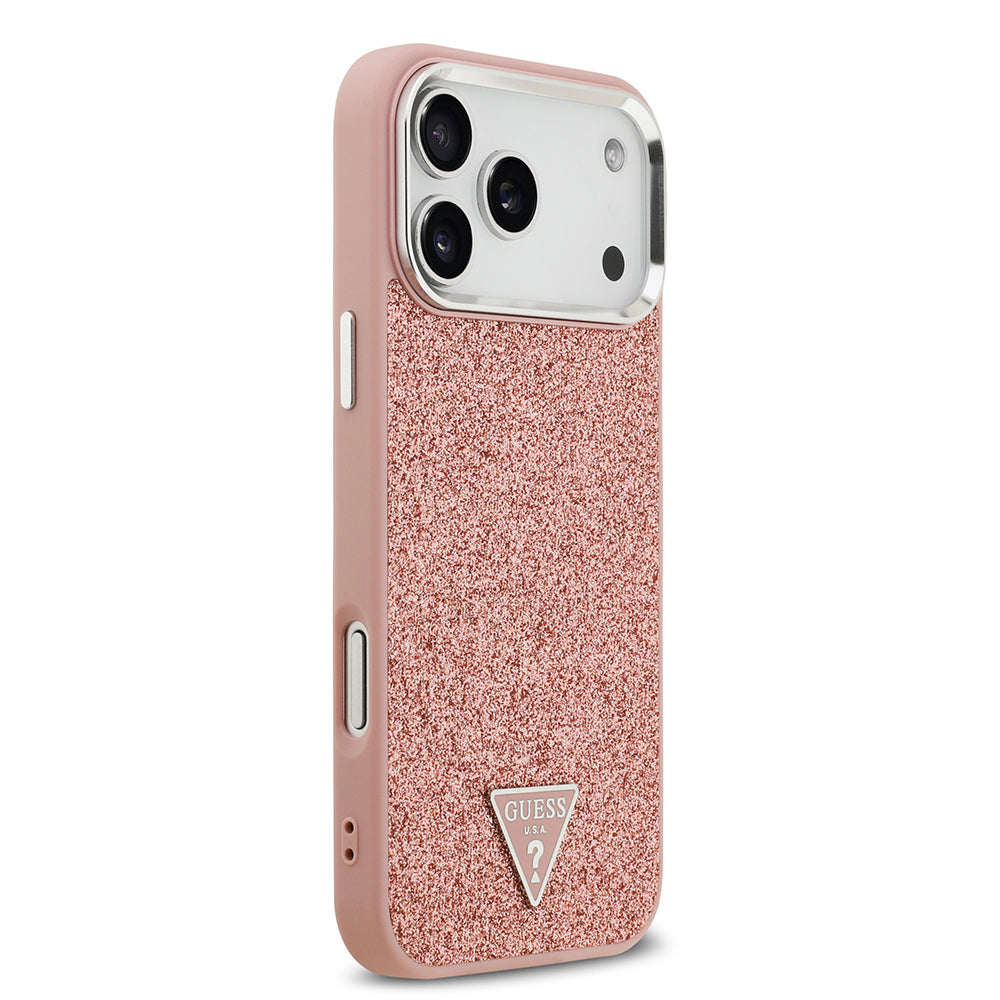 iPhone 17 Pro Max Kılıf Guess Orjinal Lisanslı M-safe Şarj Özellikli Metal Kamera Çerçeveli Üçgen Logolu Glitter Kapak