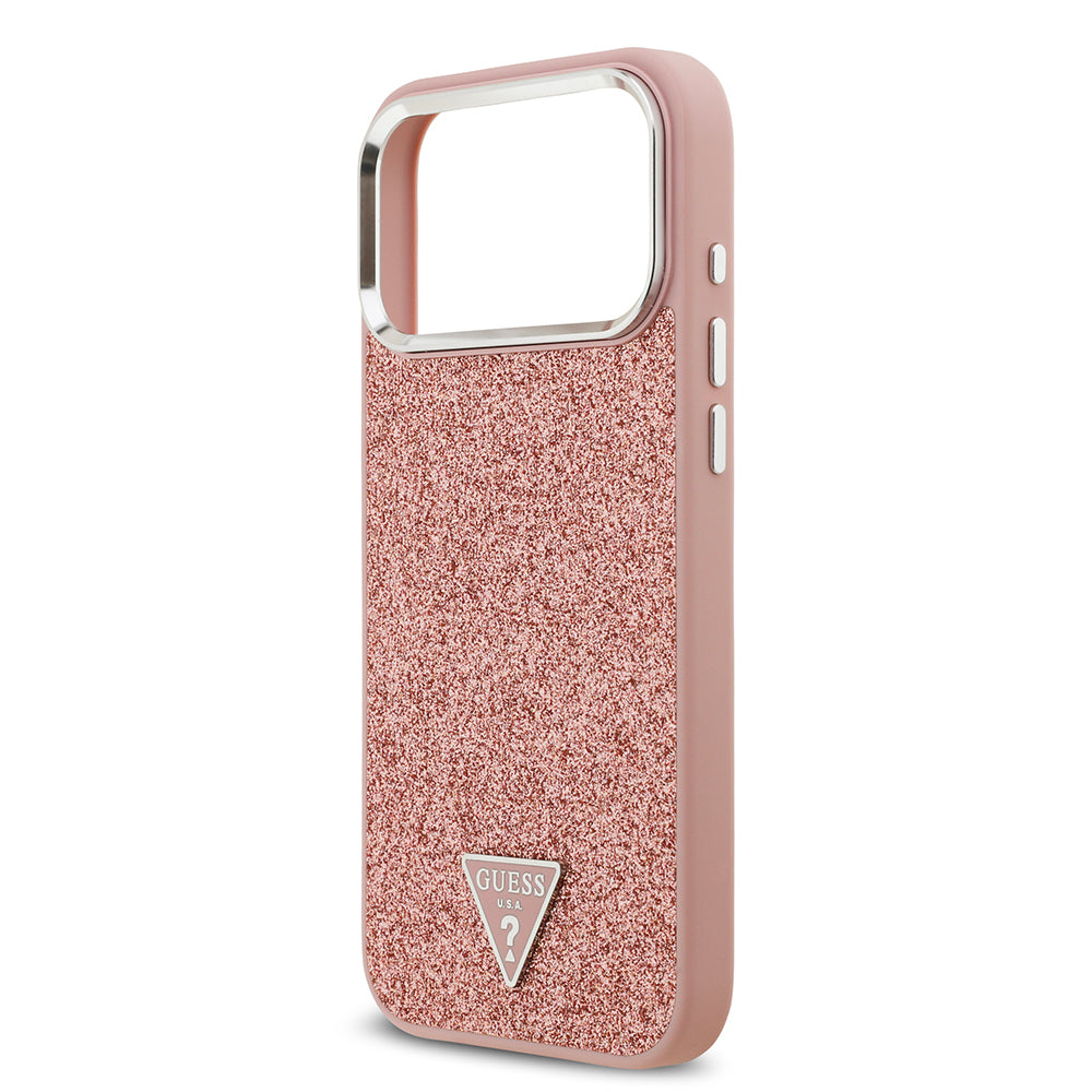 iPhone 17 Pro Max Kılıf Guess Orjinal Lisanslı M-safe Şarj Özellikli Metal Kamera Çerçeveli Üçgen Logolu Glitter Kapak