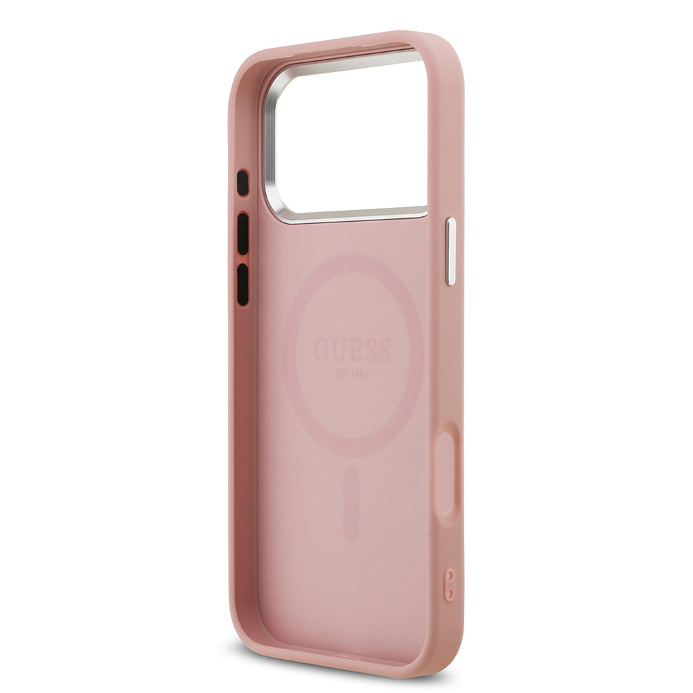 iPhone 17 Pro Max Kılıf Guess Orjinal Lisanslı M-safe Şarj Özellikli Metal Kamera Çerçeveli Üçgen Logolu Glitter Kapak