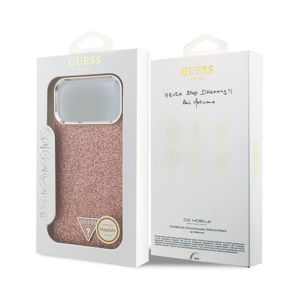 iPhone 17 Pro Max Kılıf Guess Orjinal Lisanslı M-safe Şarj Özellikli Metal Kamera Çerçeveli Üçgen Logolu Glitter Kapak