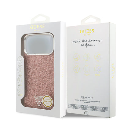iPhone 17 Pro Max Kılıf Guess Orjinal Lisanslı M-safe Şarj Özellikli Metal Kamera Çerçeveli Üçgen Logolu Glitter Kapak