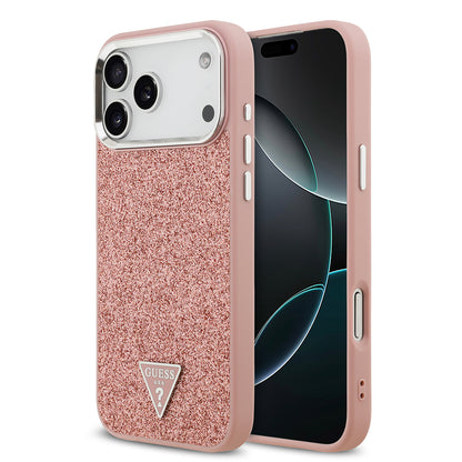 iPhone 17 Pro Max Kılıf Guess Orjinal Lisanslı M-safe Şarj Özellikli Metal Kamera Çerçeveli Üçgen Logolu Glitter Kapak