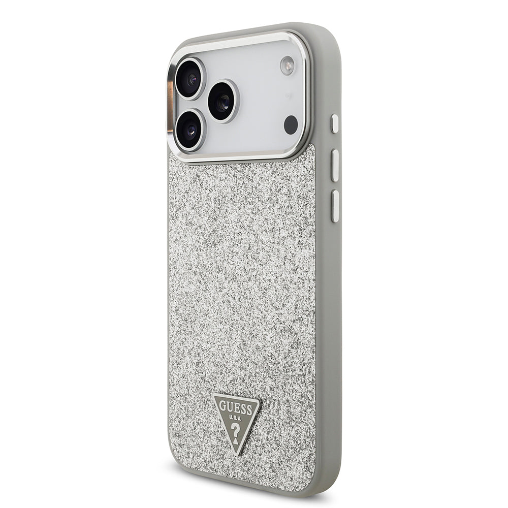 iPhone 17 Pro Max Kılıf Guess Orjinal Lisanslı M-safe Şarj Özellikli Metal Kamera Çerçeveli Üçgen Logolu Glitter Kapak