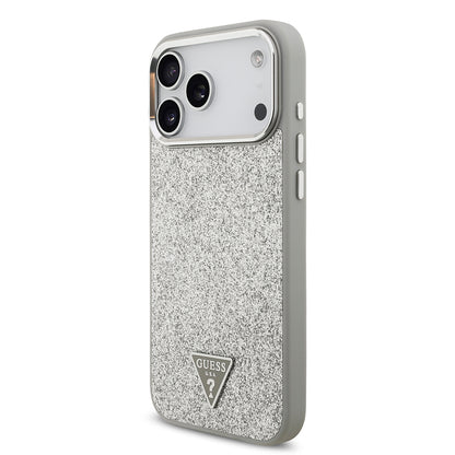 iPhone 17 Pro Max Kılıf Guess Orjinal Lisanslı M-safe Şarj Özellikli Metal Kamera Çerçeveli Üçgen Logolu Glitter Kapak
