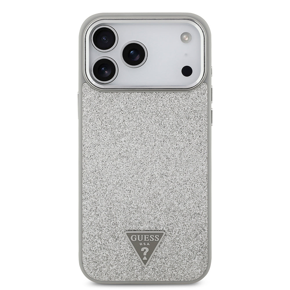 iPhone 17 Pro Max Kılıf Guess Orjinal Lisanslı M-safe Şarj Özellikli Metal Kamera Çerçeveli Üçgen Logolu Glitter Kapak