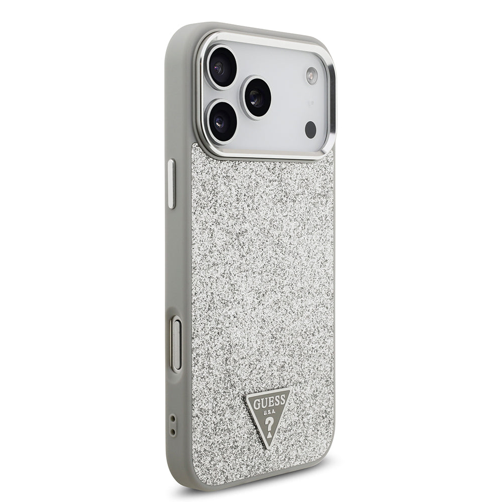 iPhone 17 Pro Max Kılıf Guess Orjinal Lisanslı M-safe Şarj Özellikli Metal Kamera Çerçeveli Üçgen Logolu Glitter Kapak