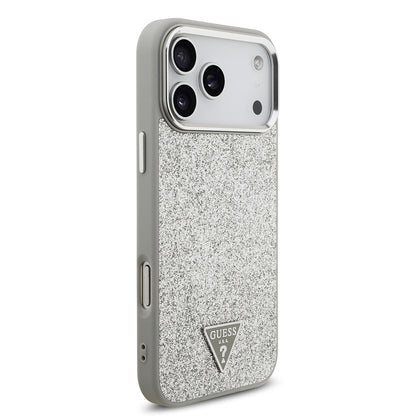 iPhone 17 Pro Max Kılıf Guess Orjinal Lisanslı M-safe Şarj Özellikli Metal Kamera Çerçeveli Üçgen Logolu Glitter Kapak