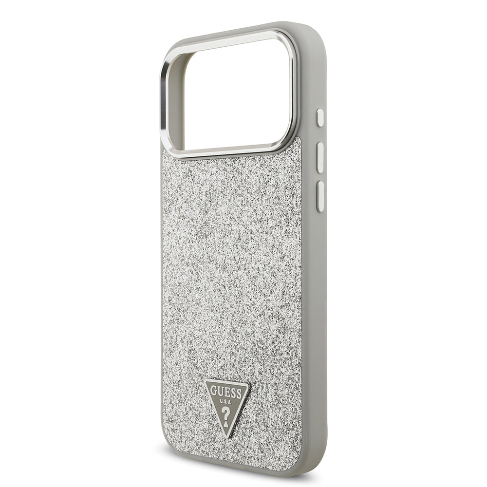 iPhone 17 Pro Max Kılıf Guess Orjinal Lisanslı M-safe Şarj Özellikli Metal Kamera Çerçeveli Üçgen Logolu Glitter Kapak