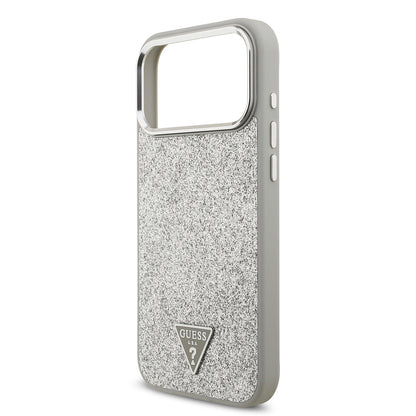 iPhone 17 Pro Max Kılıf Guess Orjinal Lisanslı M-safe Şarj Özellikli Metal Kamera Çerçeveli Üçgen Logolu Glitter Kapak