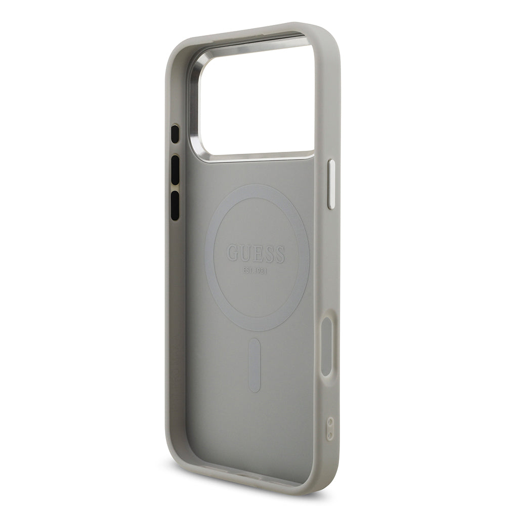 iPhone 17 Pro Max Kılıf Guess Orjinal Lisanslı M-safe Şarj Özellikli Metal Kamera Çerçeveli Üçgen Logolu Glitter Kapak