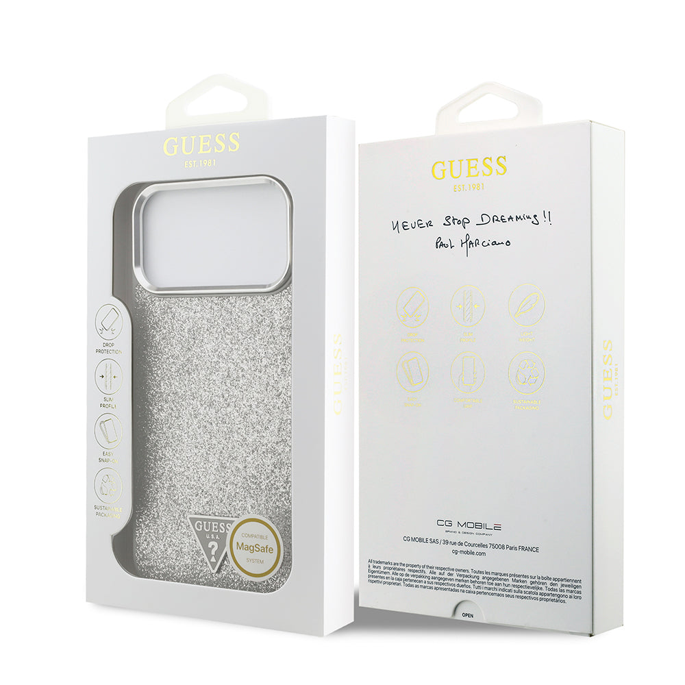 iPhone 17 Pro Max Kılıf Guess Orjinal Lisanslı M-safe Şarj Özellikli Metal Kamera Çerçeveli Üçgen Logolu Glitter Kapak
