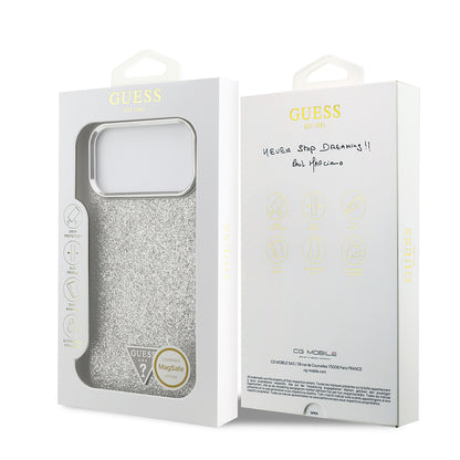 iPhone 17 Pro Max Kılıf Guess Orjinal Lisanslı M-safe Şarj Özellikli Metal Kamera Çerçeveli Üçgen Logolu Glitter Kapak