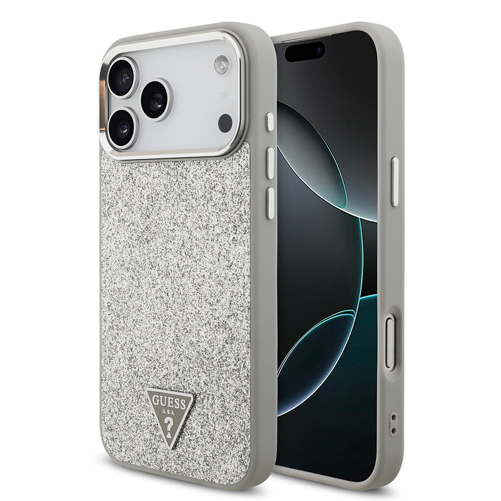 iPhone 17 Pro Max Kılıf Guess Orjinal Lisanslı M-safe Şarj Özellikli Metal Kamera Çerçeveli Üçgen Logolu Glitter Kapak