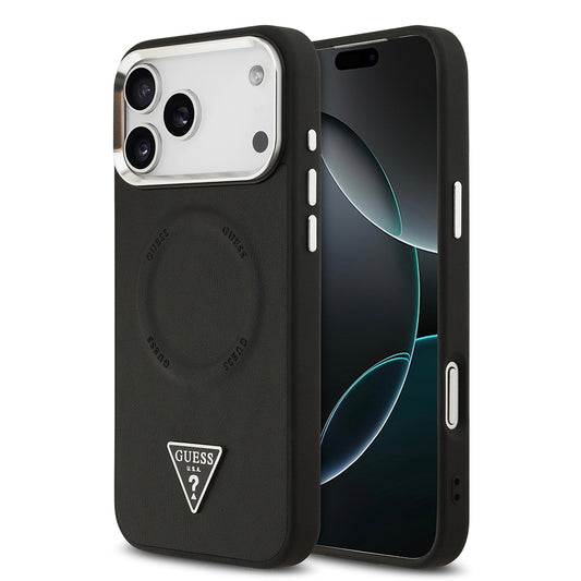 iPhone 17 Pro Max Kılıf Guess Orjinal Lisanslı M-safe Şarj Özellikli PU Deri Metal Kamera Çerçeveli Üçgen Logolu Kapak