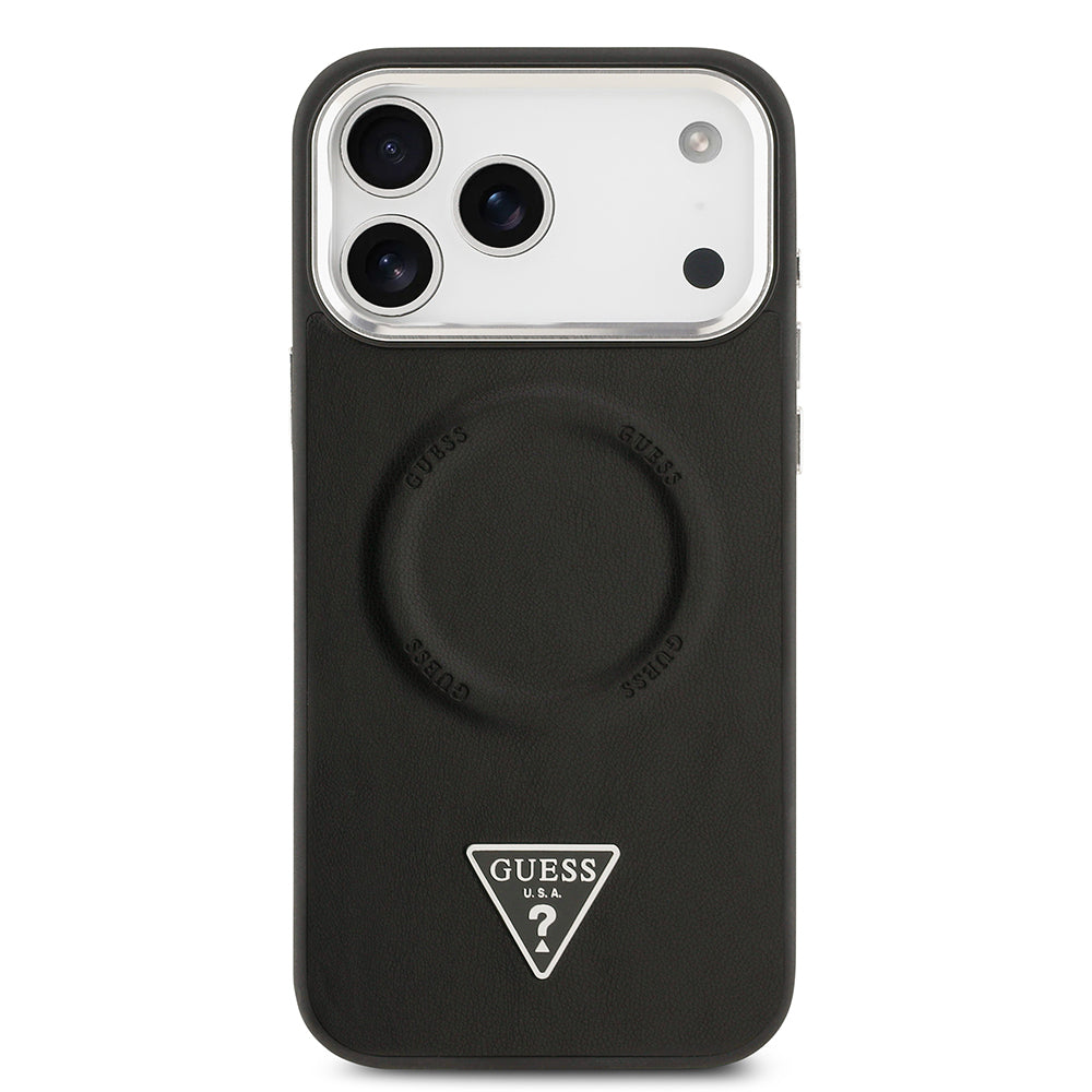 iPhone 17 Pro Max Kılıf Guess Orjinal Lisanslı M-safe Şarj Özellikli PU Deri Metal Kamera Çerçeveli Üçgen Logolu Kapak