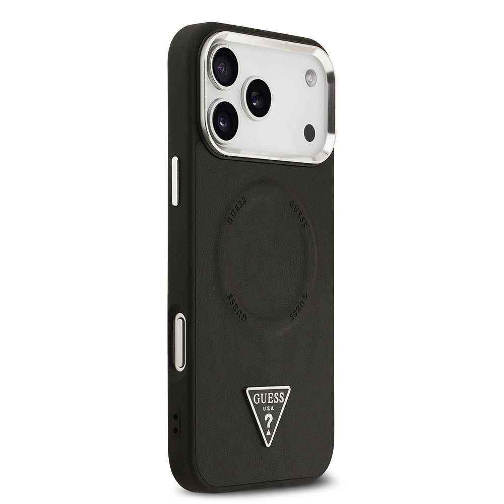 iPhone 17 Pro Max Kılıf Guess Orjinal Lisanslı M-safe Şarj Özellikli PU Deri Metal Kamera Çerçeveli Üçgen Logolu Kapak