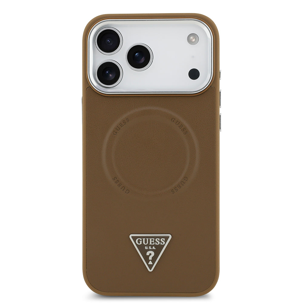 iPhone 17 Pro Max Kılıf Guess Orjinal Lisanslı M-safe Şarj Özellikli PU Deri Metal Kamera Çerçeveli Üçgen Logolu Kapak
