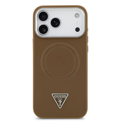 iPhone 17 Pro Max Kılıf Guess Orjinal Lisanslı M-safe Şarj Özellikli PU Deri Metal Kamera Çerçeveli Üçgen Logolu Kapak