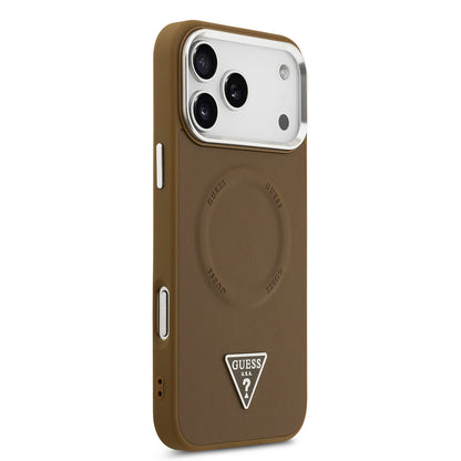 iPhone 17 Pro Max Kılıf Guess Orjinal Lisanslı M-safe Şarj Özellikli PU Deri Metal Kamera Çerçeveli Üçgen Logolu Kapak