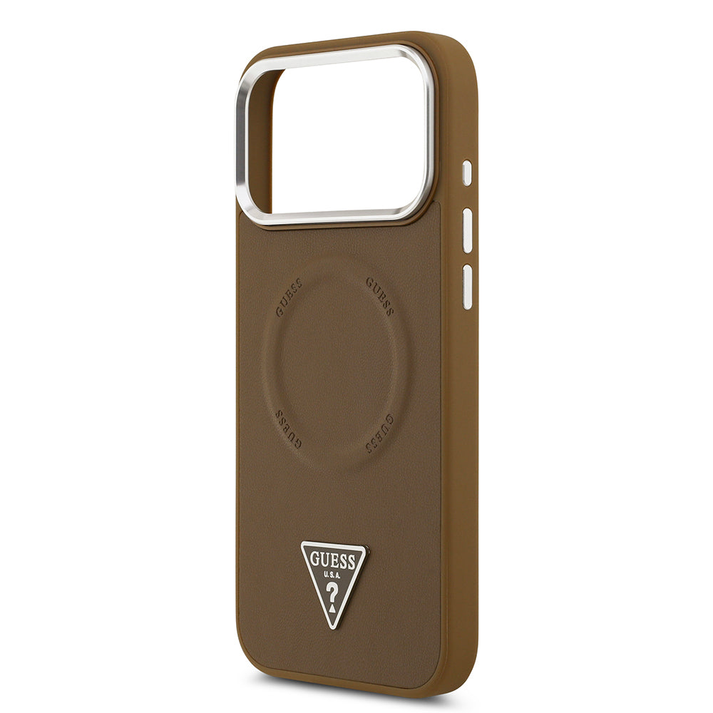 iPhone 17 Pro Max Kılıf Guess Orjinal Lisanslı M-safe Şarj Özellikli PU Deri Metal Kamera Çerçeveli Üçgen Logolu Kapak