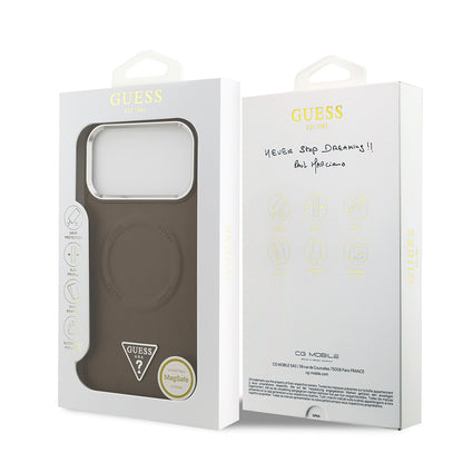 iPhone 17 Pro Max Kılıf Guess Orjinal Lisanslı M-safe Şarj Özellikli PU Deri Metal Kamera Çerçeveli Üçgen Logolu Kapak