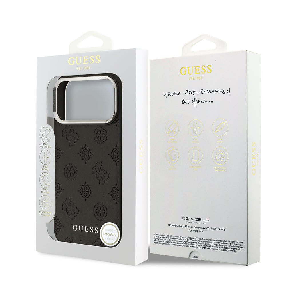 iPhone 17 Pro Max Kılıf Guess Orjinal Lisanslı M-safe Şarj Özellikli Sıcak Baskılı Klasik Yazı Logolu PU Deri Peony Kapak