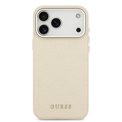iPhone 17 Pro Max Kılıf Guess Orjinal Lisanslı M-safe Şarj Özellikli Sıcak Baskılı Klasik Yazı Logolu PU Deri Peony Kapak