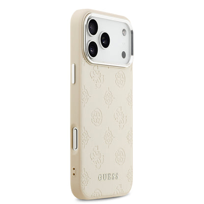 iPhone 17 Pro Max Kılıf Guess Orjinal Lisanslı M-safe Şarj Özellikli Sıcak Baskılı Klasik Yazı Logolu PU Deri Peony Kapak