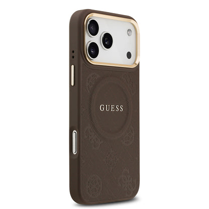 Apple iPhone 17 Pro Max Kılıf Guess Orjinal Lisanslı M-safe Şarj Özellikli Sıcak Baskılı Yazı Logolu PU Deri Peony Kapak