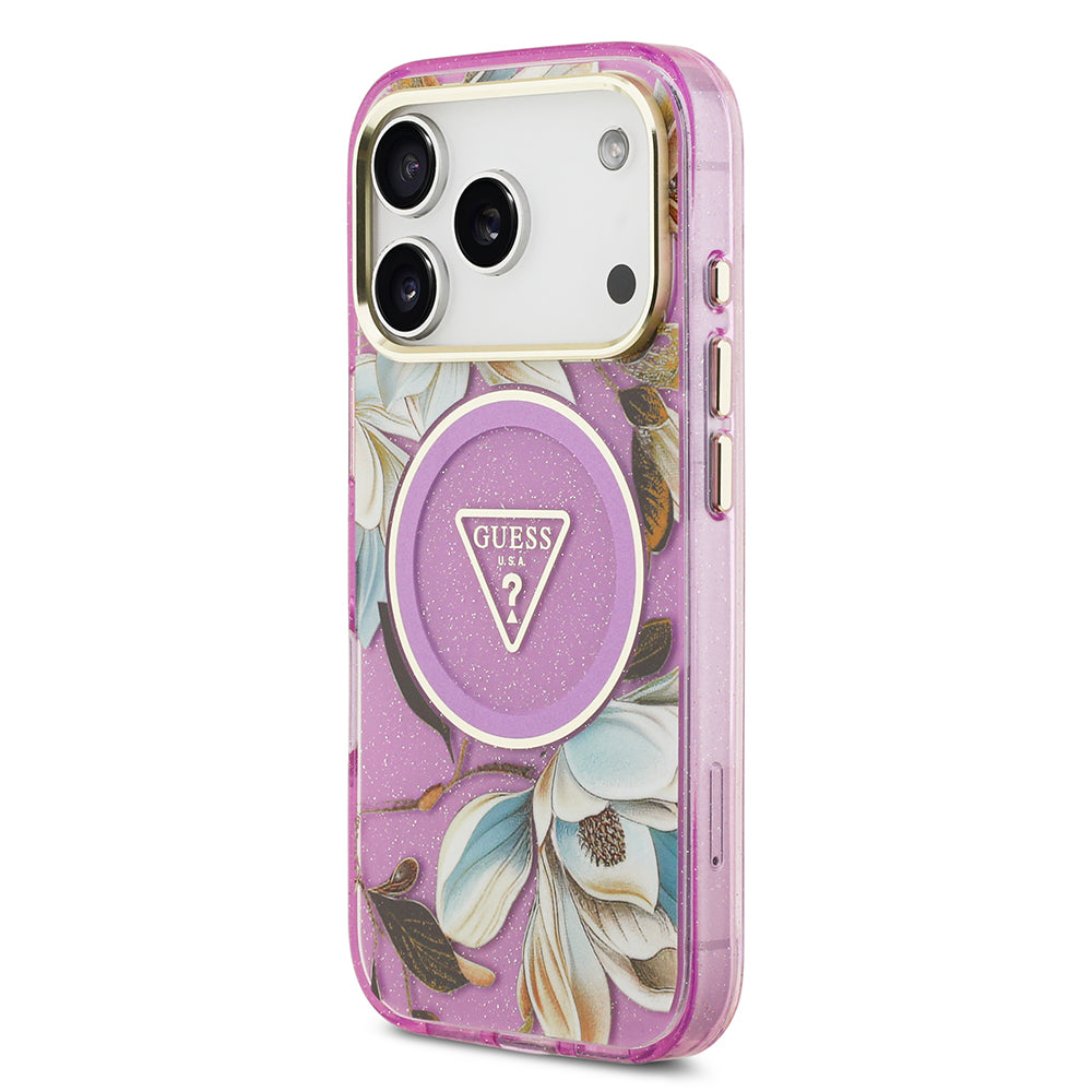 iPhone 17 Pro Max Kılıf Guess Orjinal Lisanslı M-safe Şarj Özellikli Simli Çiçek Desenli Metal Kamera Çerçeveli Üçgen Logolu Kapak
