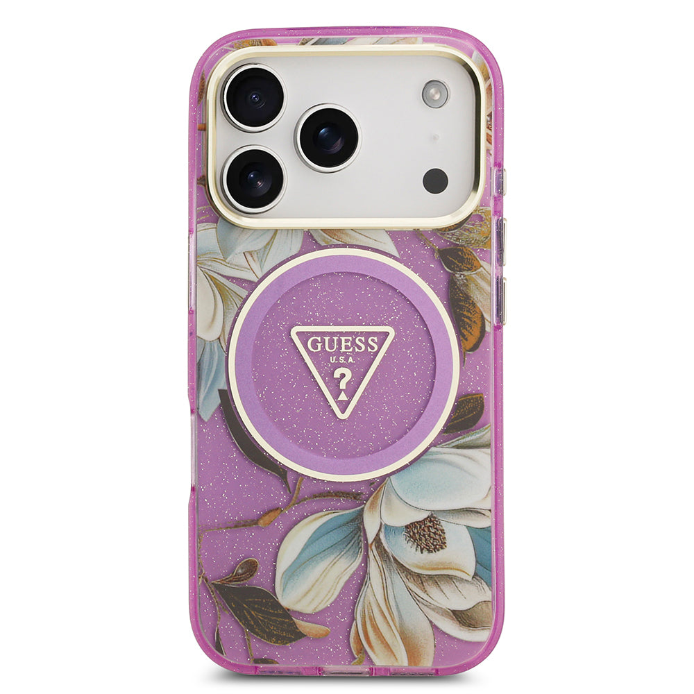 iPhone 17 Pro Max Kılıf Guess Orjinal Lisanslı M-safe Şarj Özellikli Simli Çiçek Desenli Metal Kamera Çerçeveli Üçgen Logolu Kapak