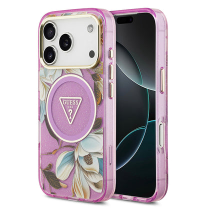 iPhone 17 Pro Max Kılıf Guess Orjinal Lisanslı M-safe Şarj Özellikli Simli Çiçek Desenli Metal Kamera Çerçeveli Üçgen Logolu Kapak