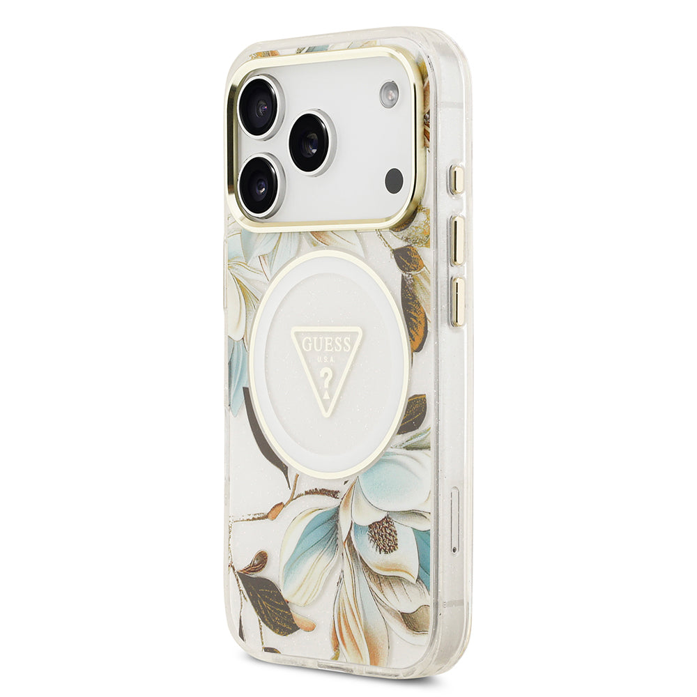 iPhone 17 Pro Max Kılıf Guess Orjinal Lisanslı M-safe Şarj Özellikli Simli Çiçek Desenli Metal Kamera Çerçeveli Üçgen Logolu Kapak
