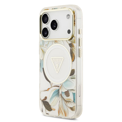 iPhone 17 Pro Max Kılıf Guess Orjinal Lisanslı M-safe Şarj Özellikli Simli Çiçek Desenli Metal Kamera Çerçeveli Üçgen Logolu Kapak