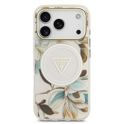 iPhone 17 Pro Max Kılıf Guess Orjinal Lisanslı M-safe Şarj Özellikli Simli Çiçek Desenli Metal Kamera Çerçeveli Üçgen Logolu Kapak