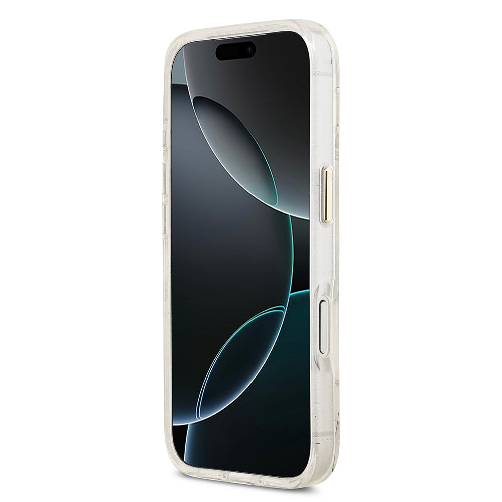 iPhone 17 Pro Max Kılıf Guess Orjinal Lisanslı M-safe Şarj Özellikli Simli Çiçek Desenli Metal Kamera Çerçeveli Üçgen Logolu Kapak