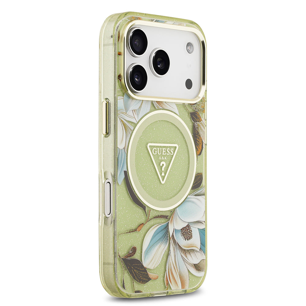 iPhone 17 Pro Max Kılıf Guess Orjinal Lisanslı M-safe Şarj Özellikli Simli Çiçek Desenli Metal Kamera Çerçeveli Üçgen Logolu Kapak